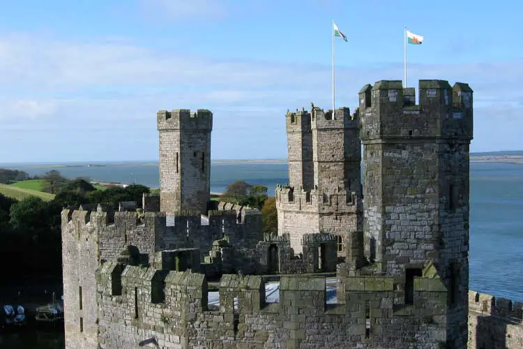 Castle towers flying Welsh flags