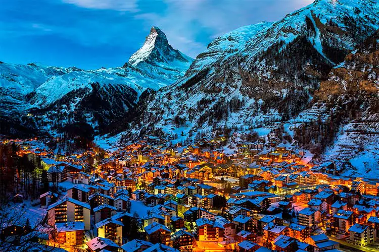 Aerial View on Zermatt Valley and Matterhorn Peak at Dawn,