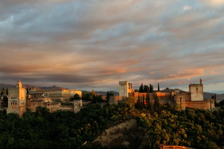 Alhambra in Granada Spain Taken from the gardens of the Mezquita Mayor