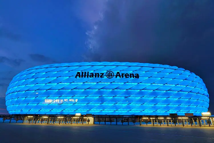 Allianz Arena-official playground of FC Bayern in blue at dusk