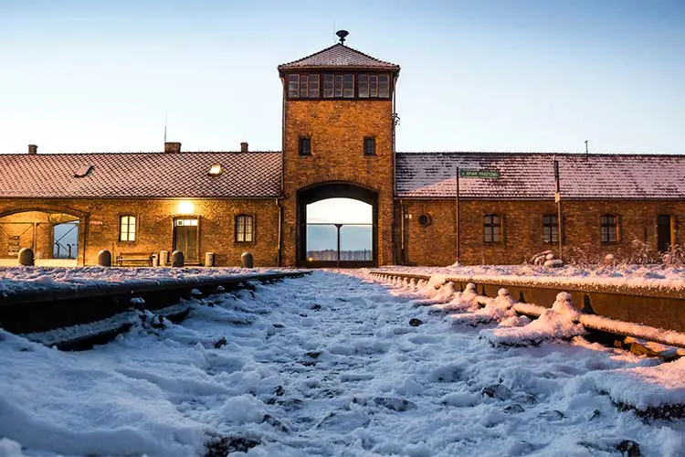 Main gate to nazi concentration camp of Auschwitz Birkenau