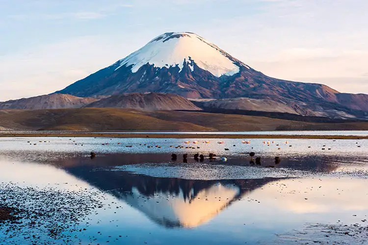 Parinacota Volcano reflected in Lake Chungara, Chile