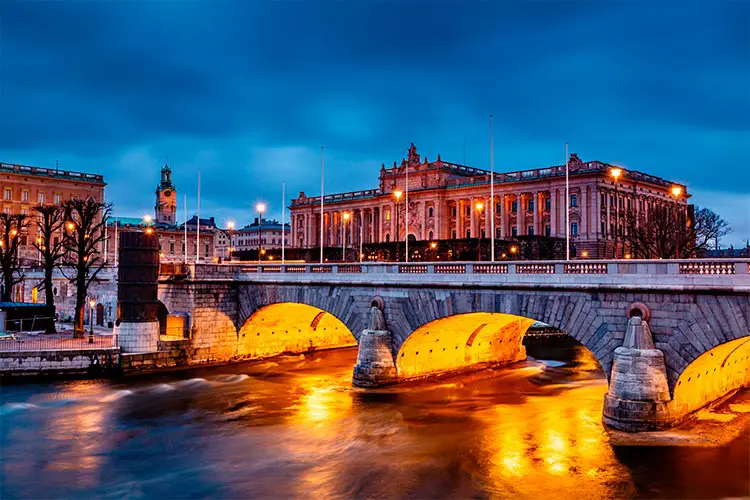 Riksdag Building and Norrbro Bridge in the Evening, Stockholm