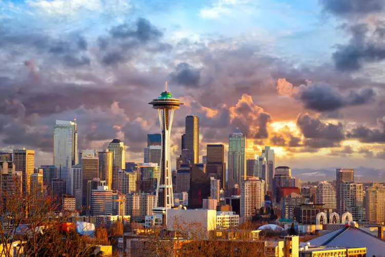 Seattle skyline at sunset, WA, USA