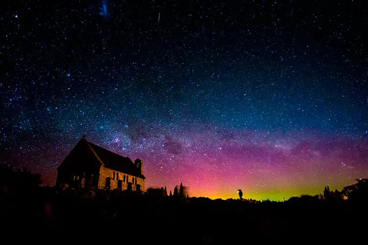 Australis aurora and Milky way at the Church of the Good Shepherd, Lake Tekapo, New Zealand