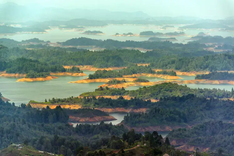 Beautiful lake at Guatape with a series of forested islands in it in Antioquia