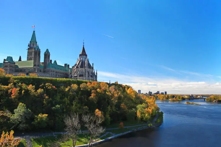 Parliament Hill overlooking river in Ottawa, Ontario