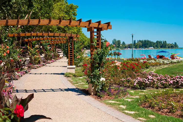 Lake Balaton beach and flower garden at Balatonfured, Hungary