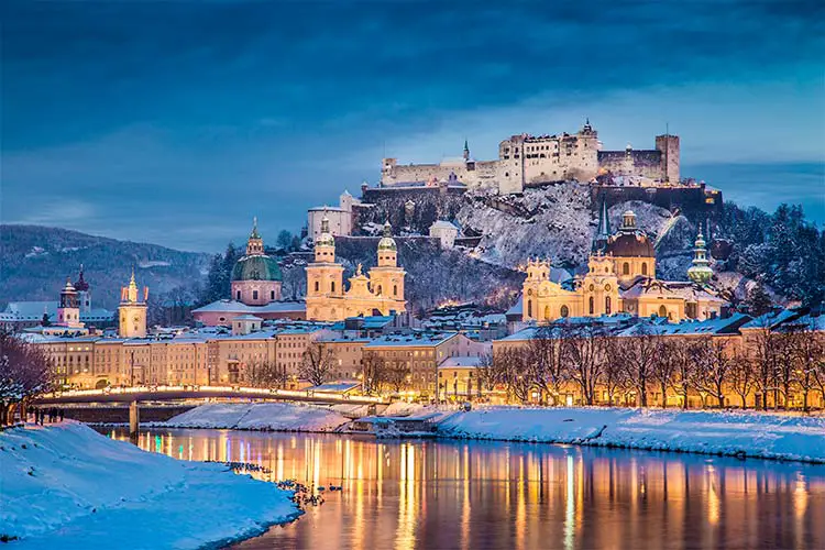 Salzburg with Salzach river in winter