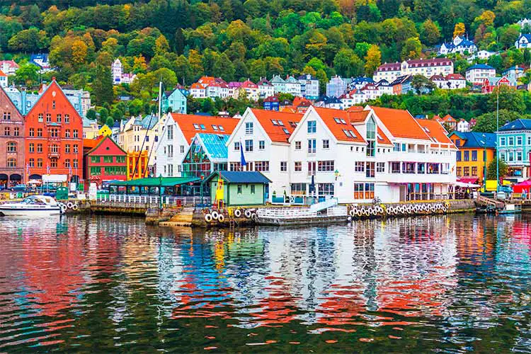 Scenic summer panorama of the Old Town pier architecture of Bryggen in Bergen