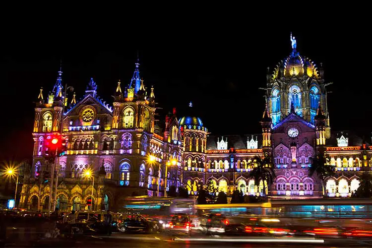 Chhatrapati Shivaji Terminus (Victoria Terminus) illuminated with multi-colored lights in the evening during Diwali Festival