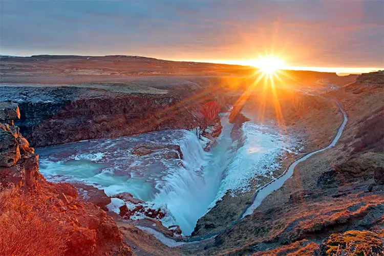 Sunset at Gullfoss Waterfall, Iceland