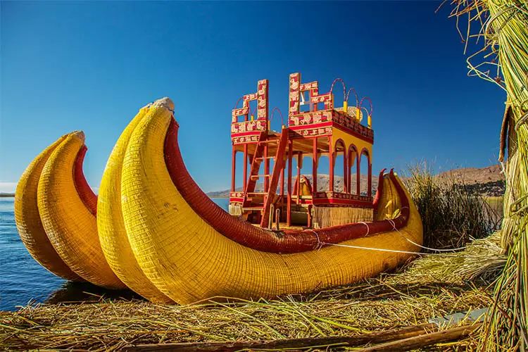 Reed boat on Island of Uros. Those are floating islands on lake Titicaca located between Peru and Bolivia