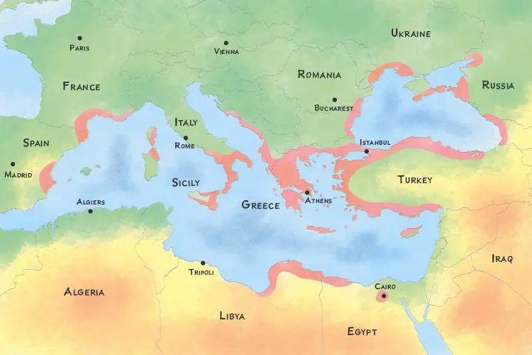 Map showing the location of the Greek Empire at its height and present-day countries