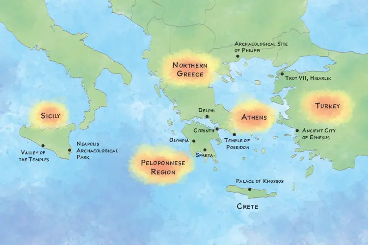 Map showing the Best Places to See Greek Ruins