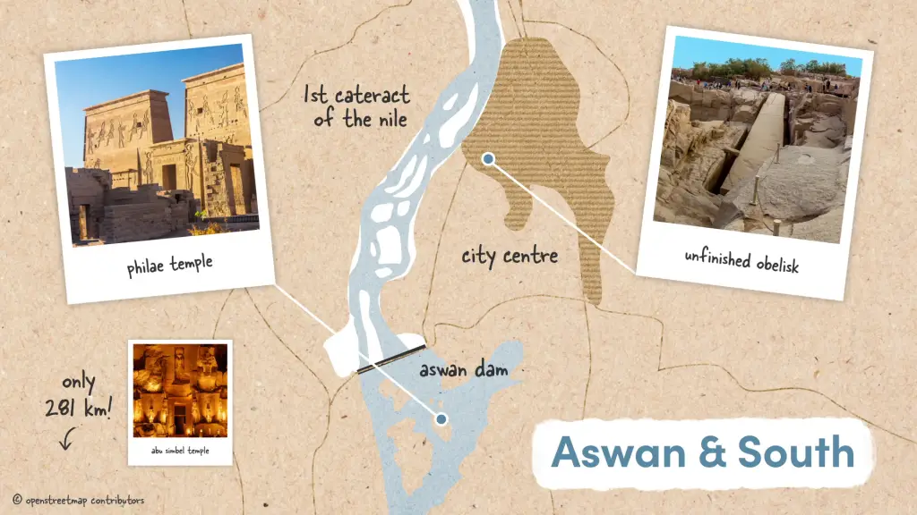 Aswan showing the unfinished obelisk and the temple of Philae