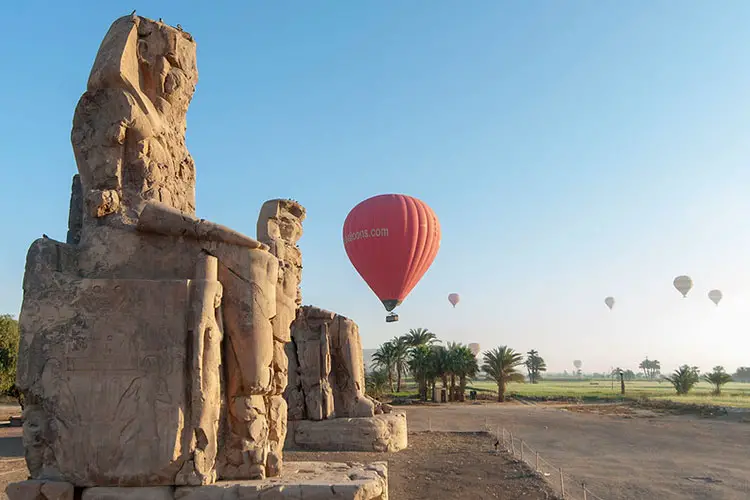 The popular hot air balloon rides in Luxor overlooking the Colossi of Memnon