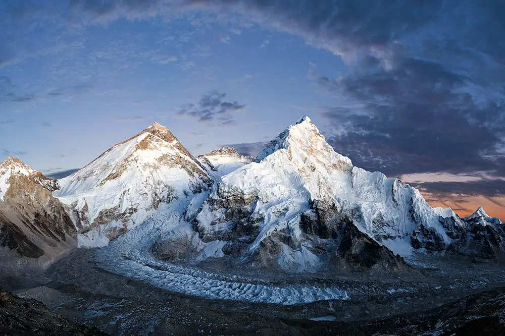 Mount Everest, Lhotse and Nuptse from Pumori base camp, Khumbu valley, Sagarmatha National Park, Nepal